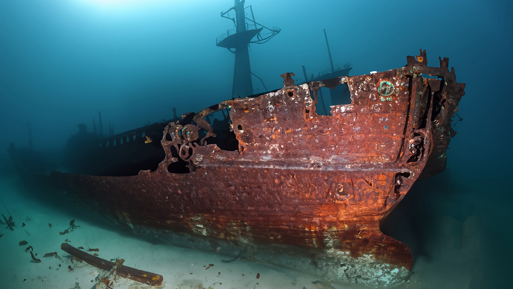large rusted sunken ship sitting on the sandy ocean floor